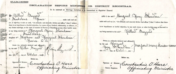 Millar Buzzard and Margaret Mary Sheridan Special Licence to Marry
